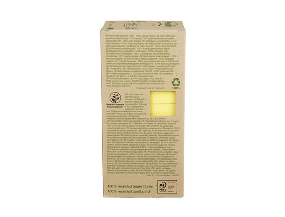 Bloc-notes post-it papier recyclé 76x76mm 100f/bloc repositionnables coloris jaune tour 16 blocs