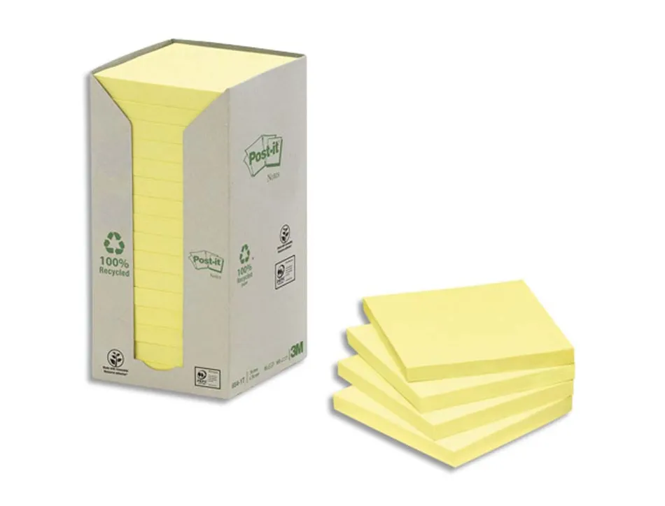 Bloc-notes post-it papier recyclé 76x76mm 100f/bloc repositionnables coloris jaune tour 16 blocs