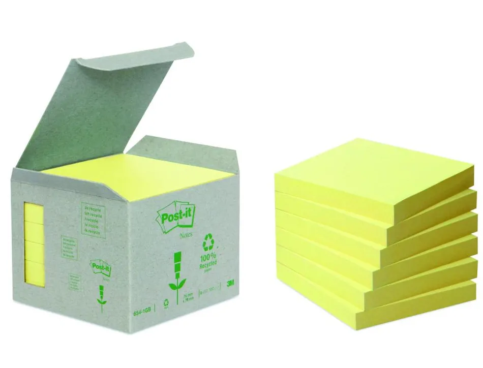 Bloc-notes post-it papier recyclé 76x76mm 100f/bloc repositionables coloris jaune tour 6 blocs