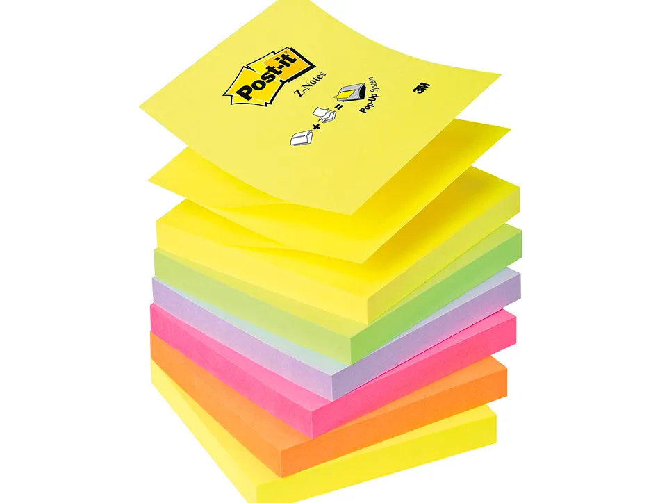 Bloc-notes post-it recharges z-notes 76x76mm 100f repositionnables coloris néon assortis 6 blocs
