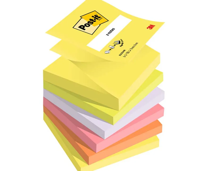 Bloc-notes post-it recharges z-notes 76x76mm 100f repositionnables coloris néon assortis 6 blocs