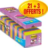 Bloc-notes post-it super sticky 76x76mm 90f repositionnables adhésif renforcé coloris assortis néon barquette 24 blocs