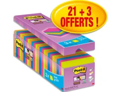 Bloc-notes post-it super sticky 76x76mm 90f repositionnables adhésif renforcé coloris assortis néon barquette 24 blocs