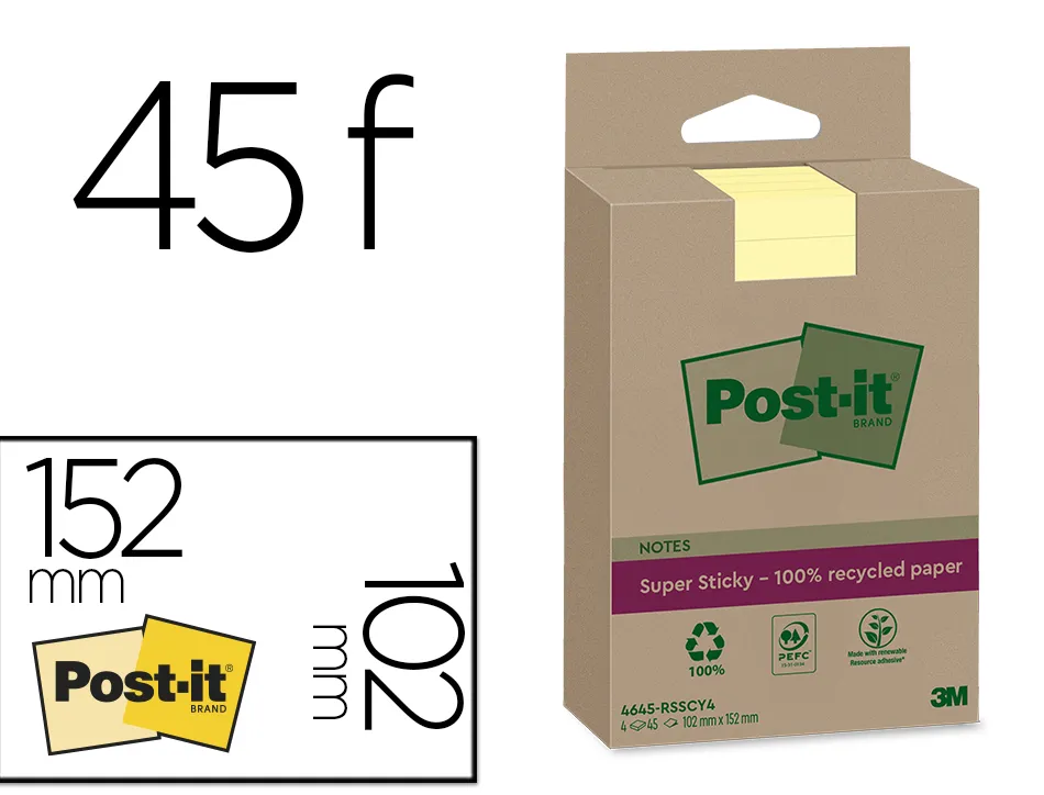 Bloc-notes post-it super sticky grand format recycles 102x152mm 45f repositionnables lignes coloris jaune pack 4 blocs