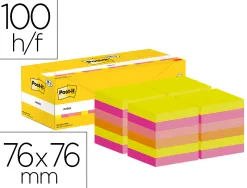 Bloc-notes post-it 76x76mm 100f repositionnables coloris assortis boite 24 blocs (18+6 gratuits)