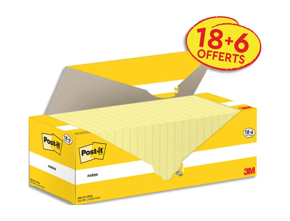 Bloc-notes post-it 76x76mm 100f repositionnables coloris jaune boite 24 blocs (18+6 gratuits) 7100319213