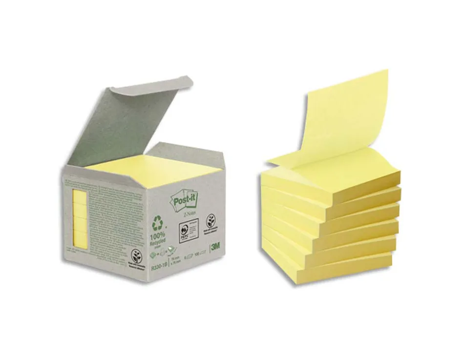 Bloc-notes post-it z-notes papier recyclé 76x76mm 100f/bloc repositionnables coloris jaune boîte 6 blocs
