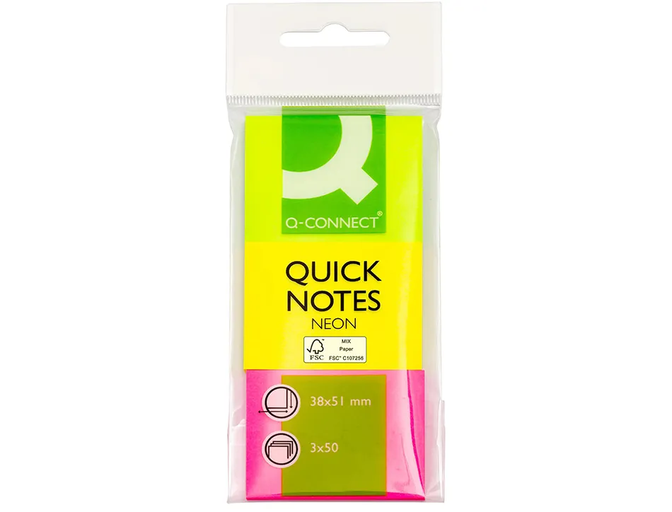 Bloc-notes q-connect couleurs néon 38x51mm 50f repositionnables coloris assortis 3 blocs