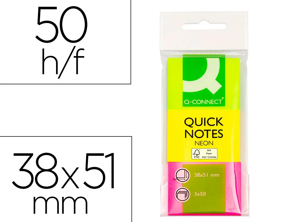 Bloc-notes q-connect couleurs néon 38x51mm 50f repositionnables coloris assortis 3 blocs
