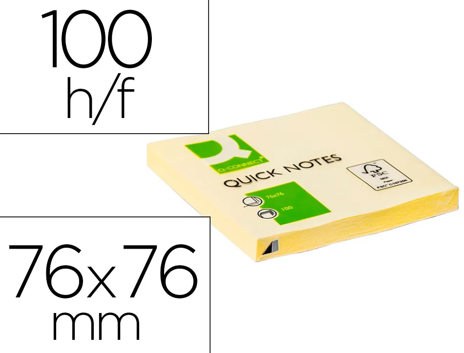 Bloc-notes q-connect quick notes 76x76mm 1 bloc 100f repositionnables coloris jaune