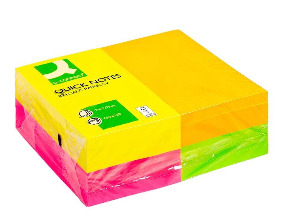 Bloc-notes q-connect quick notes couleurs néon rainbow 76x127mm 100f repositionnables roseorange/vert/jaune 12 blocs