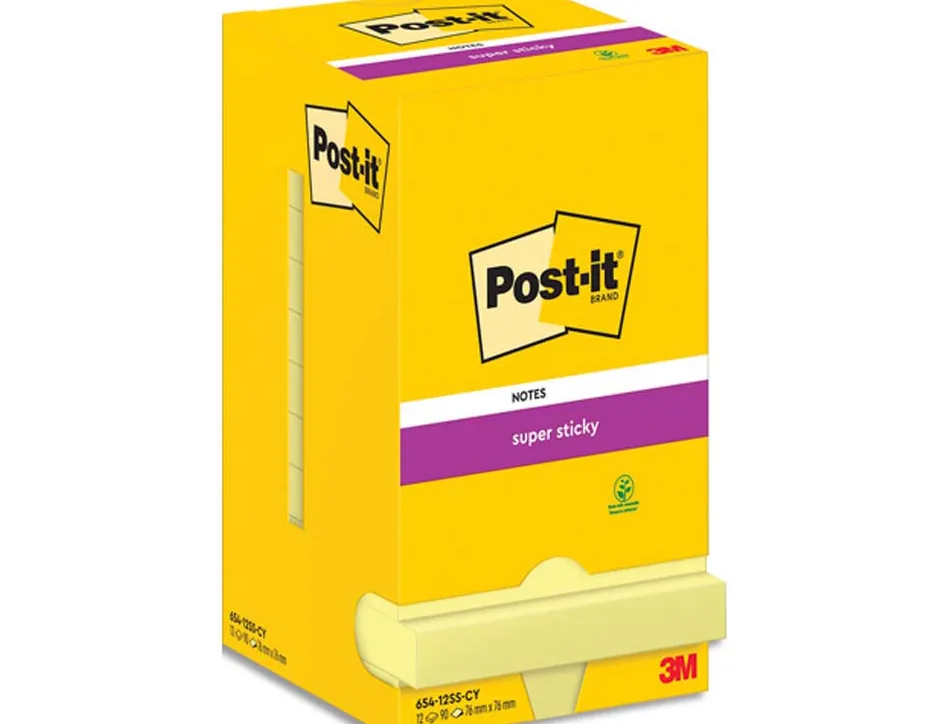 Blocs-notes post-it super sticky 76x76mm 90f repositionnable coloris jaune boite de 12