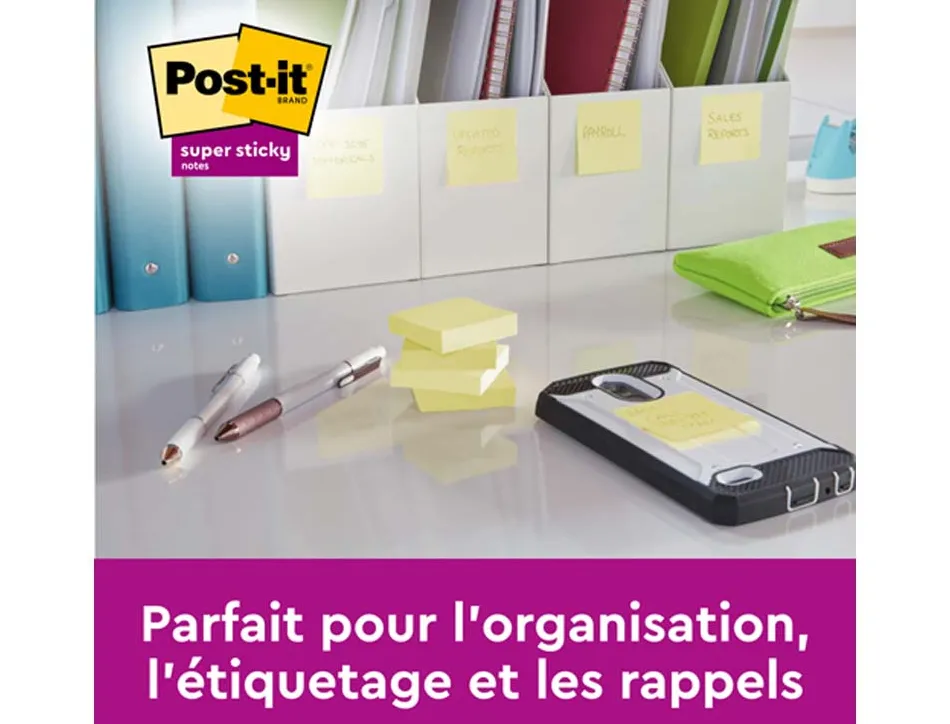 Blocs-notes post-it super sticky 127x76mm 90f repositionnable coloris jaune boite de 12