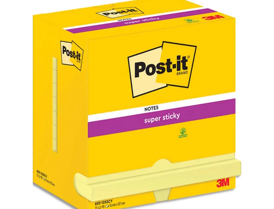 Blocs-notes post-it super sticky 127x76mm 90f repositionnable coloris jaune boite de 12