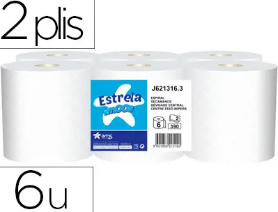 Bobine essuyage amoos estrela dévidage central 2 plis 390 services paquet de 6 rouleaux