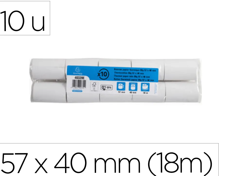 Bobine thermique exacompta tickets carte bancaire 1 pli sans bpa 57x40mm mandrin 12mm métrage 18m lot 10 rouleaux