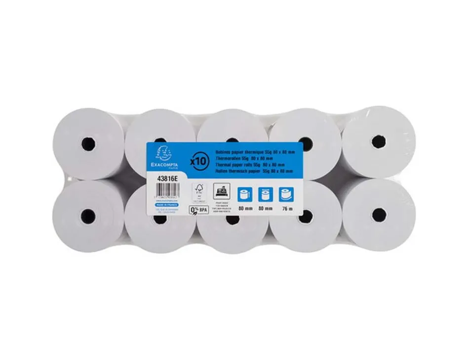 Bobine thermique exacompta tickets de caisse 1 pli sans bpa 80x72mmmandrin 12mm métrage 76m lot 10 rouleaux