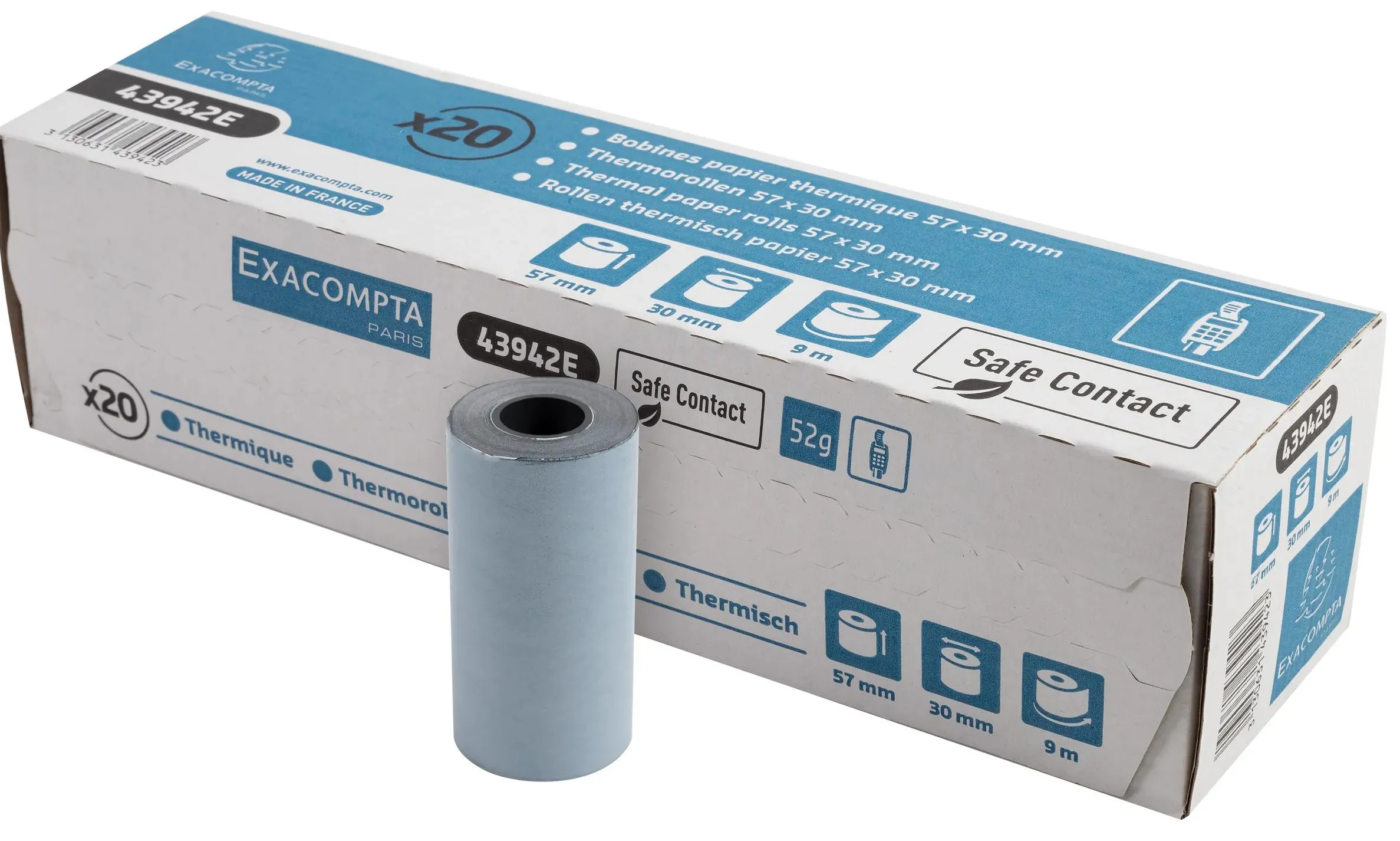 Bobine thermique exacompta exablue tpe 57x30mm 55g long. 9m impression verso tres longue conservation boite 20 unites