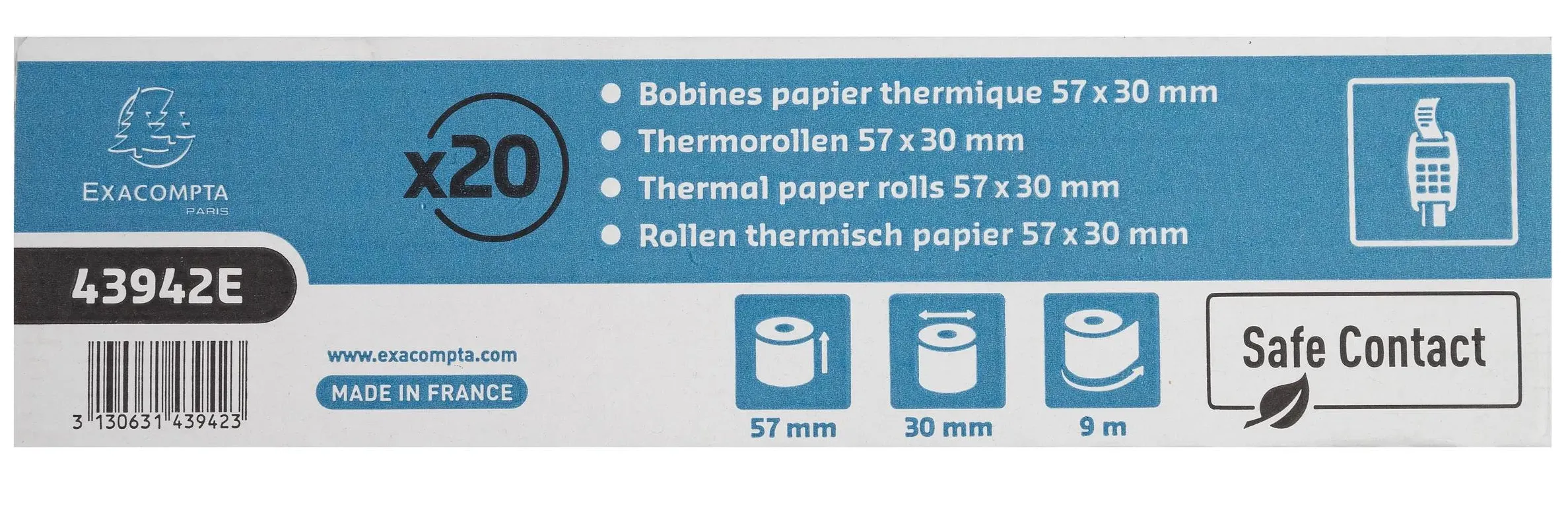 Bobine thermique exacompta exablue tpe 57x30mm 55g long. 9m impression verso tres longue conservation boite 20 unites