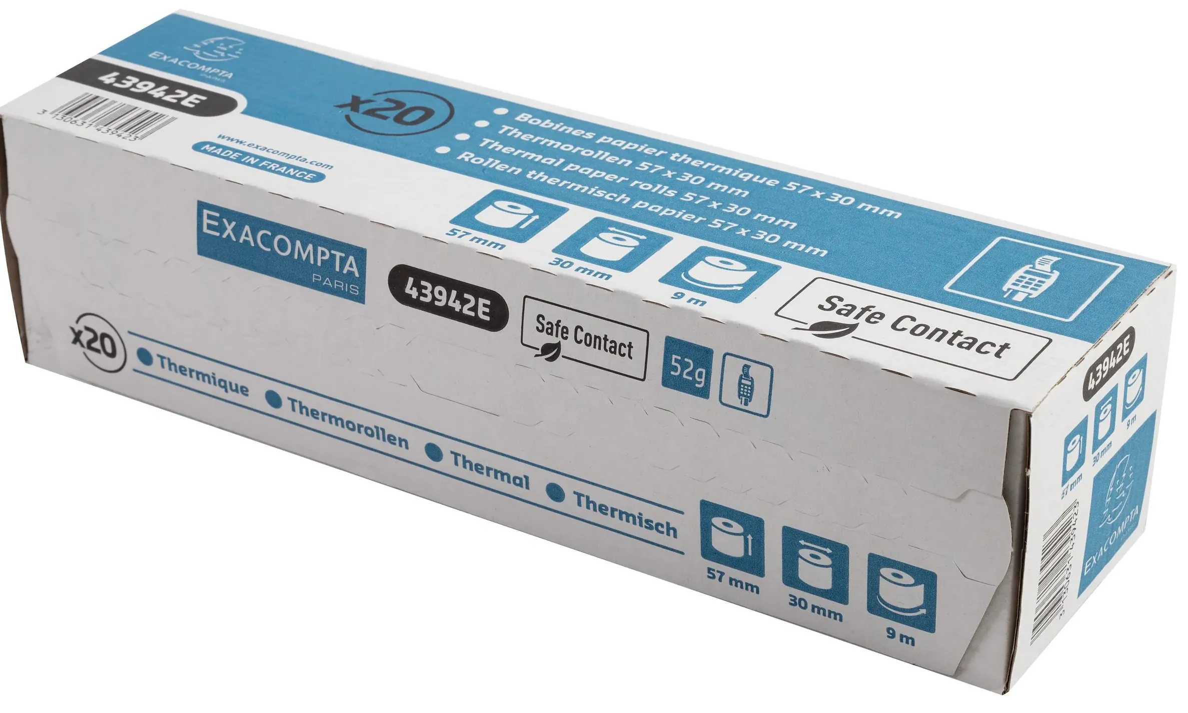 Bobine thermique exacompta exablue tpe 57x30mm 55g long. 9m impression verso tres longue conservation boite 20 unites