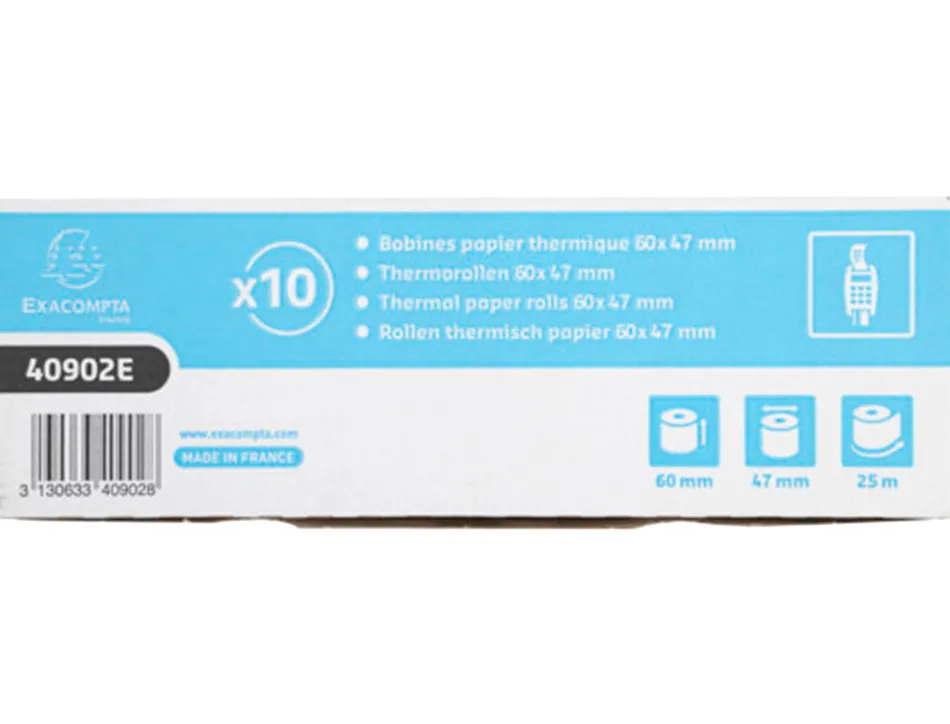 Bobine thermique exacompta tickets carte bancaire 1 pli sans bpa 60x47mm mandrin 12mm métrage 25m boîte 10 rouleaux