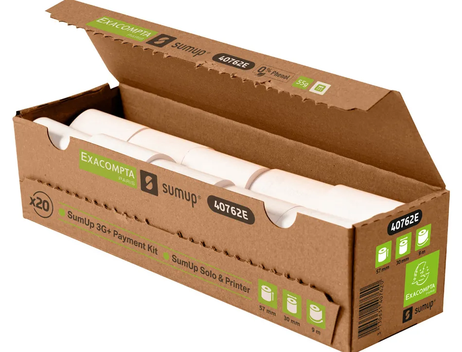 Bobine thermique exacompta tickets carte bancaire 1 pli 57x30mm 9m 55gr sans phenol plastique boite 20 unites