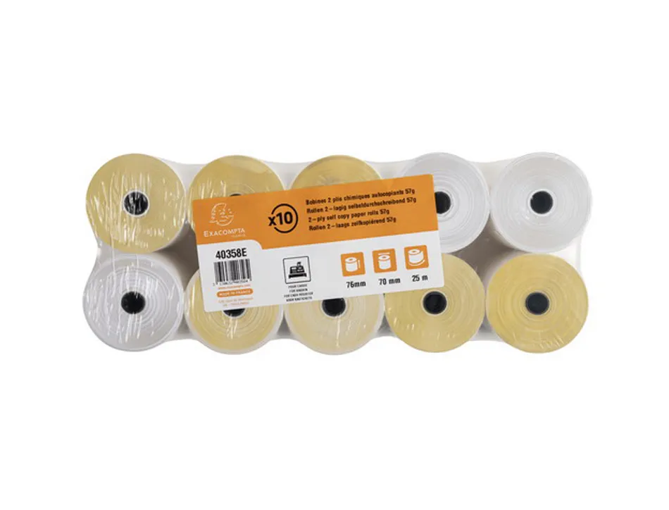 Bobine thermique exacompta tickets de caisse 2 plis chimiqueautocopiant 57g 76x70mm mandrin 12mm 25m lot 10 unites