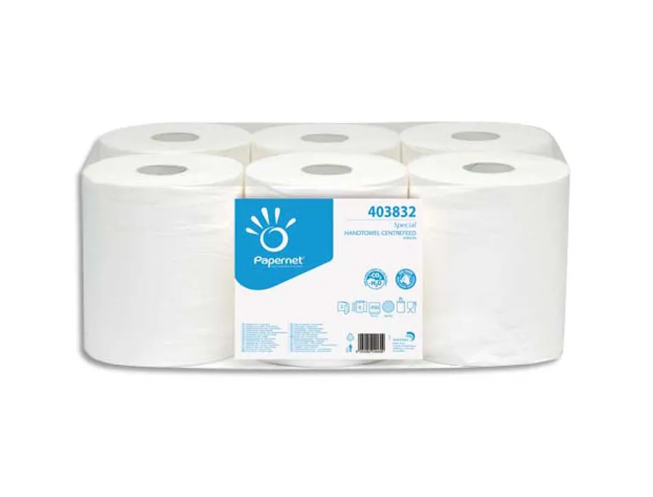 Bobines essuyage papernet dévidage central blanc 2 plis pure cellulose 450 formats longueur 108 m lot 6