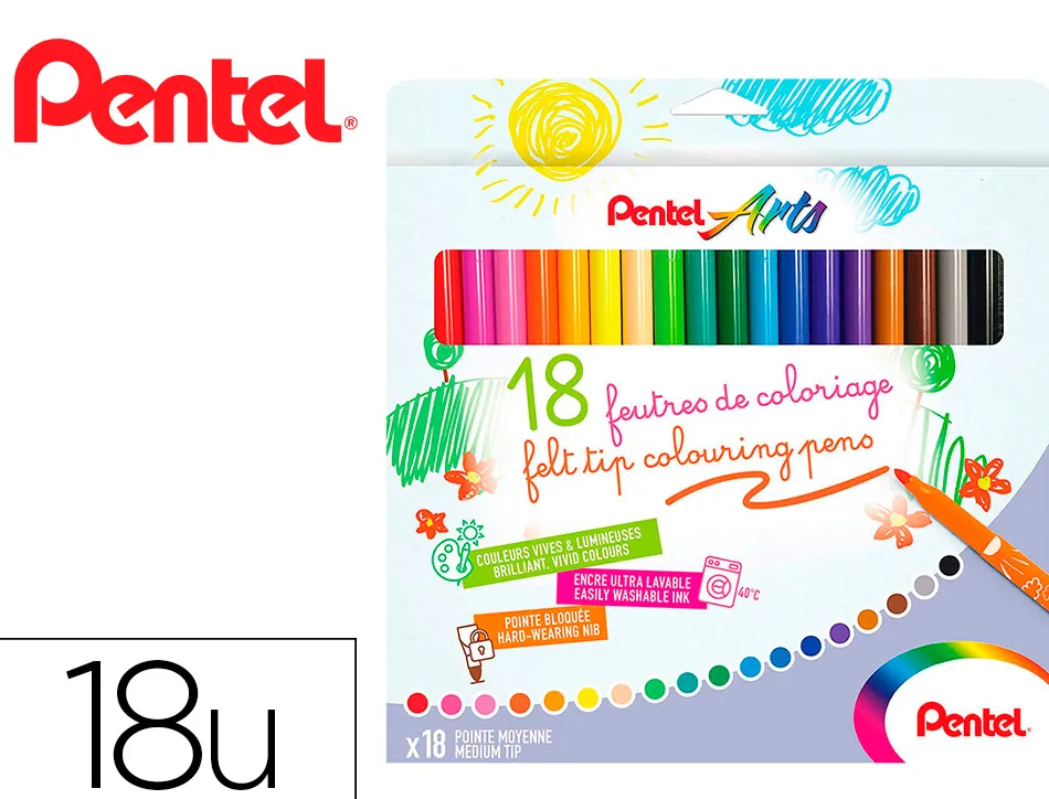 Boite de 18 feutres de coloriage pental encre ultra lavable pointe moyenne 3,9mm