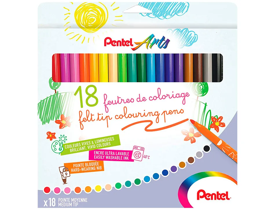 Boite de 18 feutres de coloriage pental encre ultra lavable pointe moyenne 3,9mm