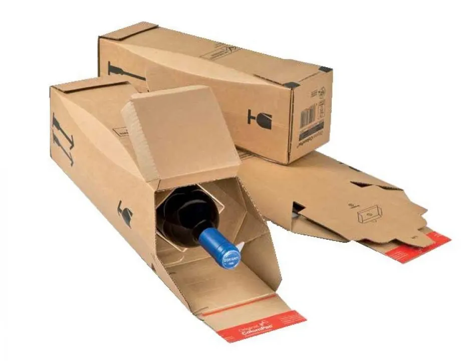 Boite expedition pour bouteilles kraft brun calage integre assemblage facile autocollant 7,4x7,4x35cm