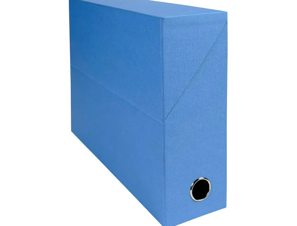 Boite transfert exacompta iderama carton recouvert papier toile 15/10e 25x33cm dos 90mm oeillet prehension bleu clair