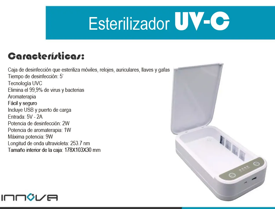 Boitier de sterilisation uvc innova detruit micro-organismes et bacteries pour portables cles lunettes