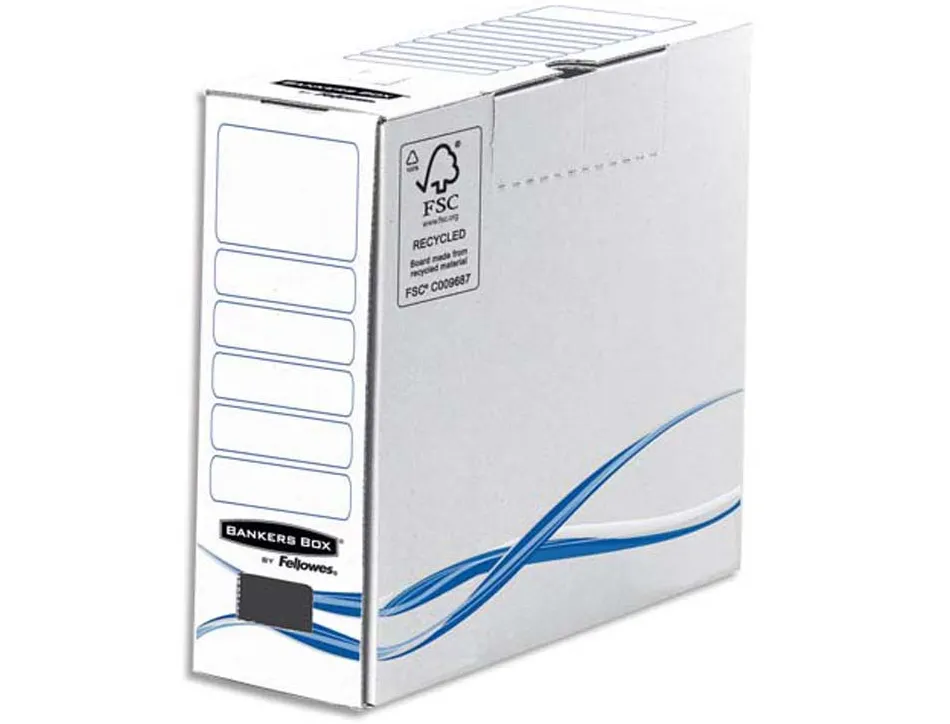 Boîte archives basique bankers box dos 8 cm carton blanc bleu montage manuel