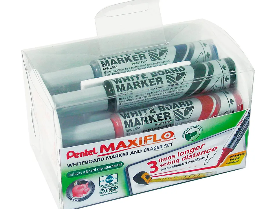 Brosse magnétique pentel pointe moyenne tracé 1.6mm inclus 4 marqueurs maxiflo coloris assortis noir bleu rouge vert