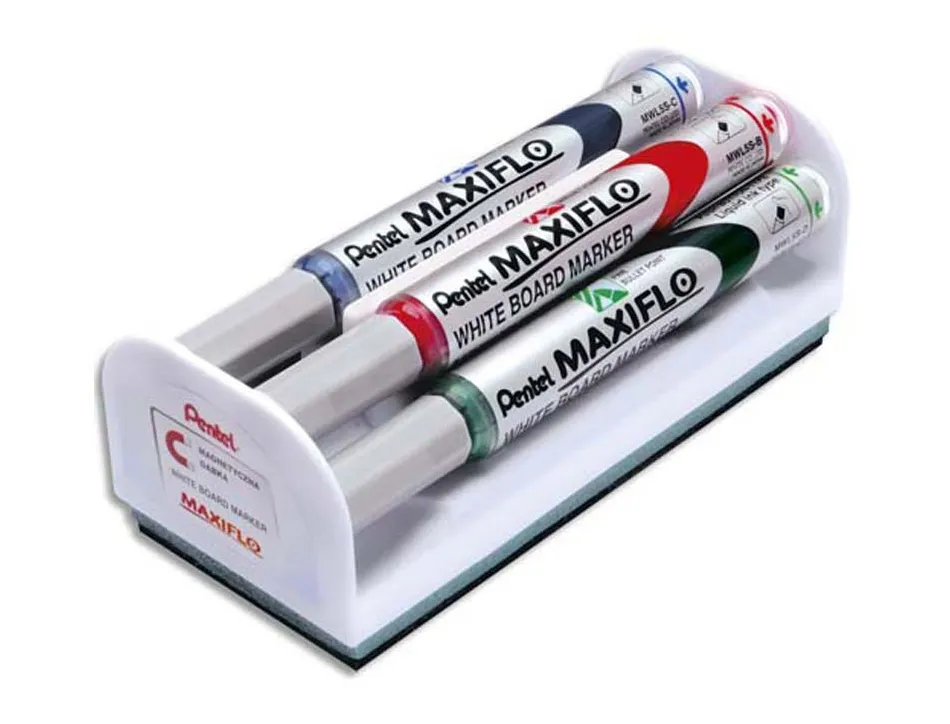 Brosse magnétique pentel pointe moyenne tracé 1.6mm inclus 4 marqueurs maxiflo coloris assortis noir bleu rouge vert