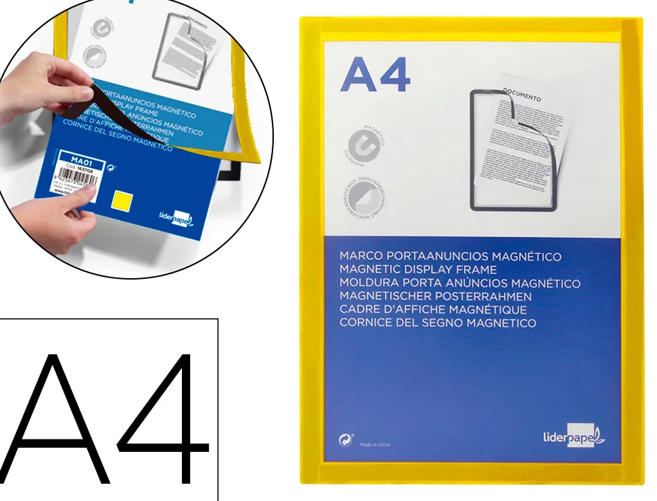 Cadre affichage liderpapel mural magnetique a4 dos adhesif repositionnable coloris jaune