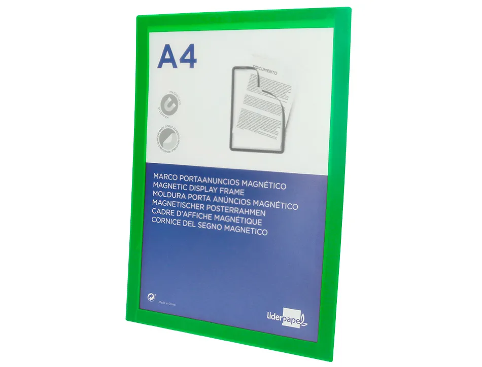 Cadre affichage liderpapel mural magnetique a4 dos adhesif repositionnable coloris vert