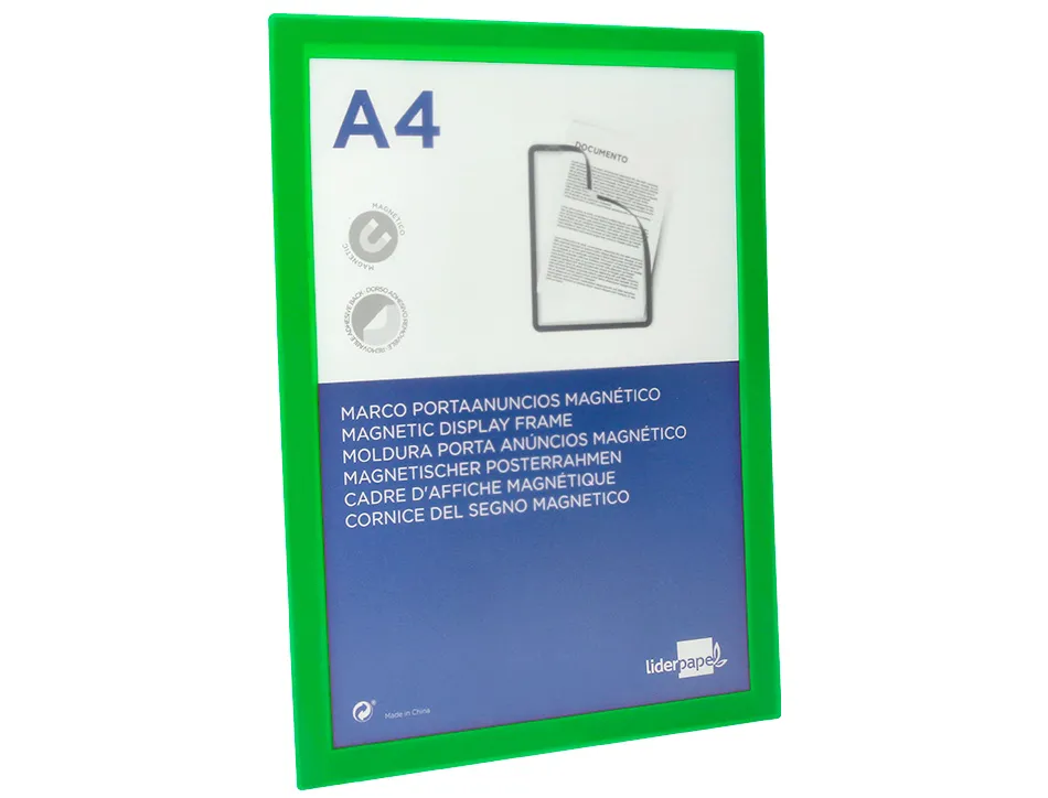 Cadre affichage liderpapel mural magnetique a4 dos adhesif repositionnable coloris vert