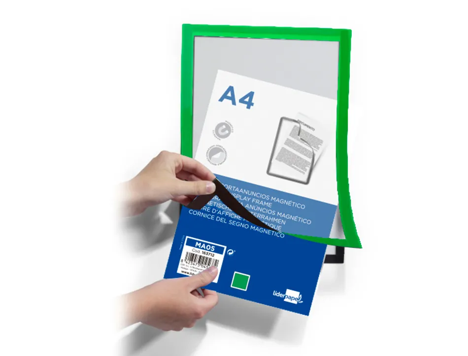 Cadre affichage liderpapel mural magnetique a4 dos adhesif repositionnable coloris vert
