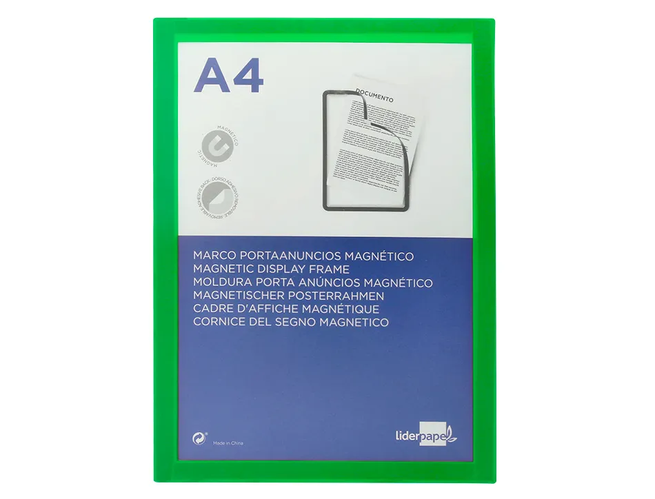 Cadre affichage liderpapel mural magnetique a4 dos adhesif repositionnable coloris vert