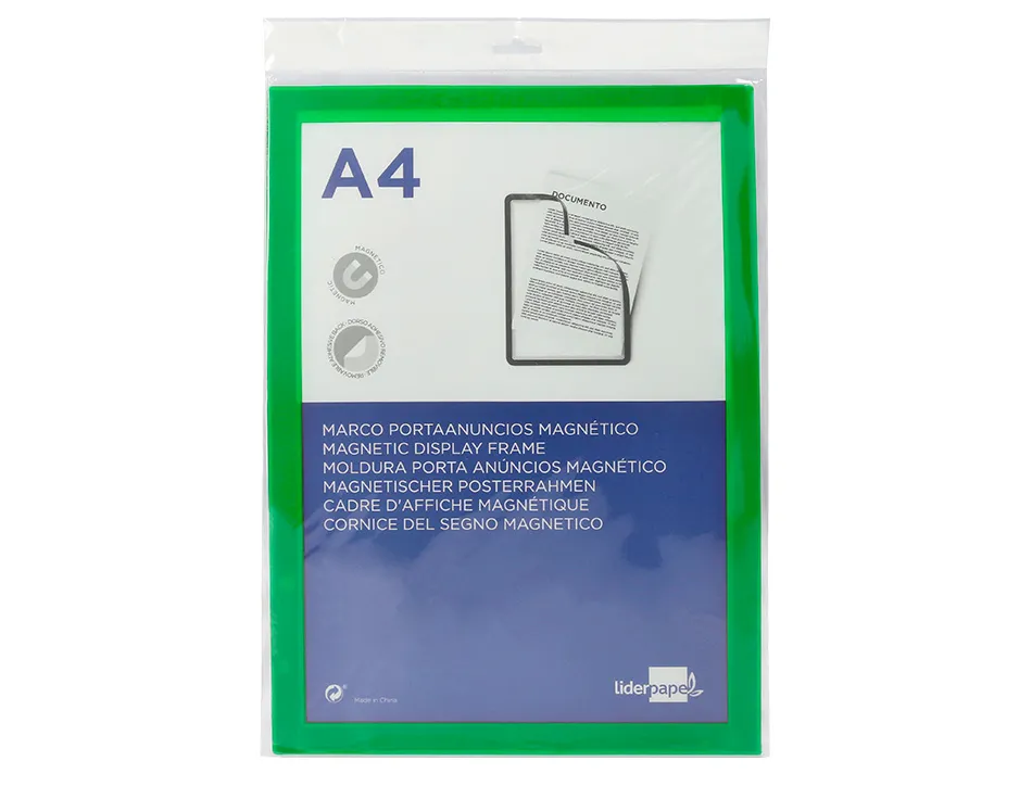 Cadre affichage liderpapel mural magnetique a4 dos adhesif repositionnable coloris vert