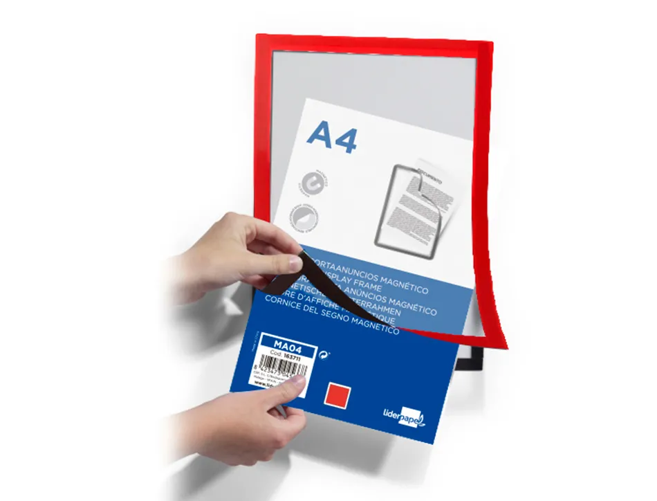 Cadre affichage liderpapel mural magnetique a4 dos adhesif repositionnable coloris rouge