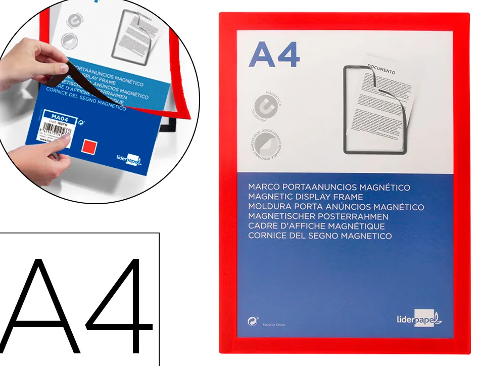 Cadre affichage liderpapel mural magnetique a4 dos adhesif repositionnable coloris rouge