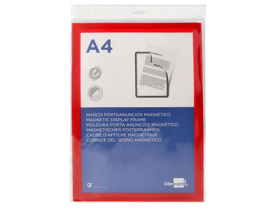 Cadre affichage liderpapel mural magnetique a4 dos adhesif repositionnable coloris rouge