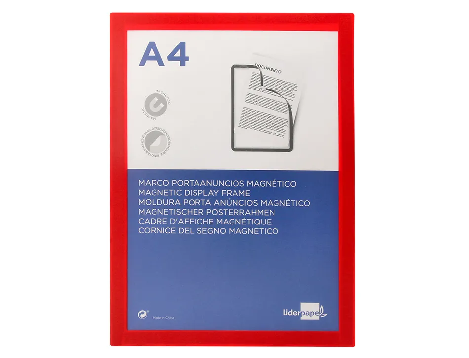 Cadre affichage liderpapel mural magnetique a4 dos adhesif repositionnable coloris rouge