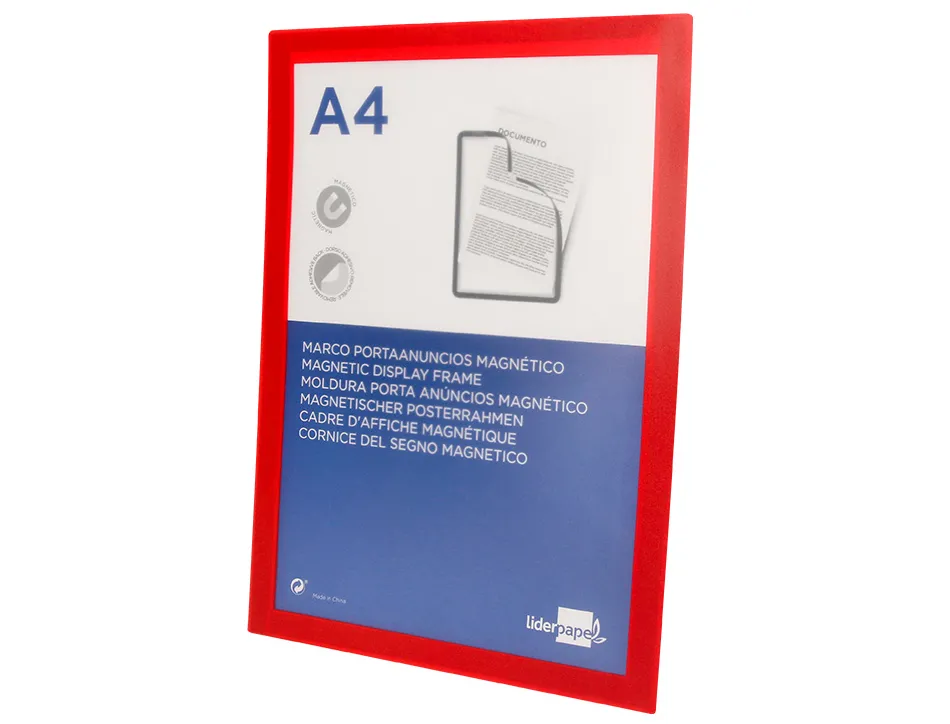 Cadre affichage liderpapel mural magnetique a4 dos adhesif repositionnable coloris rouge