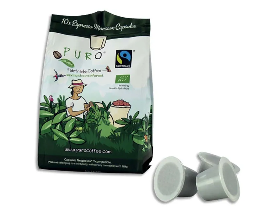 Cafe puro monsoon bio compatible nespresso 100% arabica fairtrade sachet 10 capsules