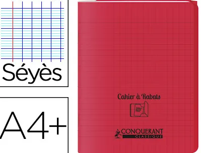 Cahier à rabat agrafé conquérant classique couverture polypropylène 24x32cm 48 pages 90g séyès coloris rouge