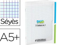 Cahier agrafé conquérant duo 2en1 polypropylène a5+ 17x22cm 96 pages séyès 90g